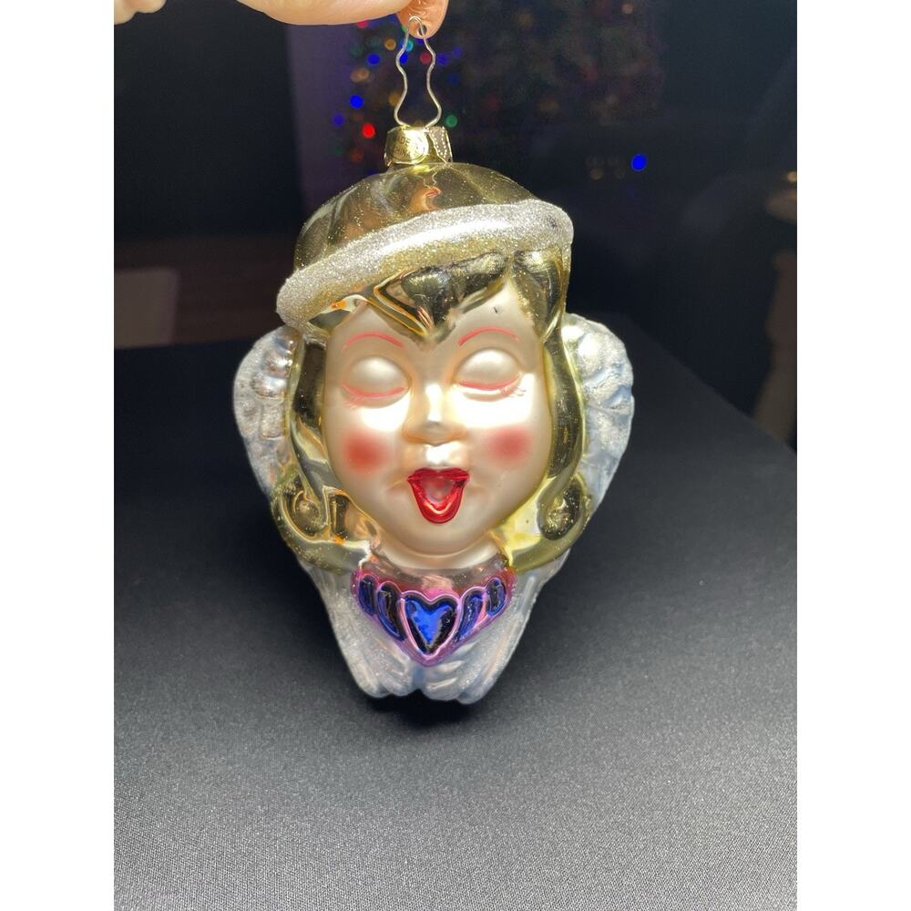 Vintage 2003 Mark Klaus Face Full Festive Joy Singing Angel Blown Glass Ornament